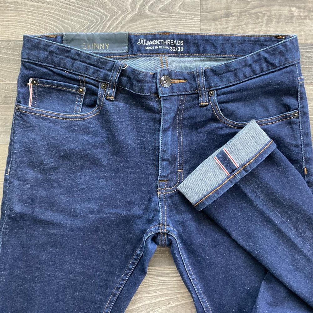 32x29.5 JT Jack Threads Skinny Selvedge Jeans Men’s Blue Dark Wash Denim Stretch